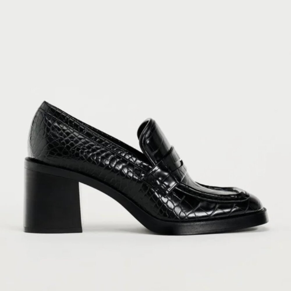 Zara Block Black Croc Heeled Loafers - Picture 2 of 8